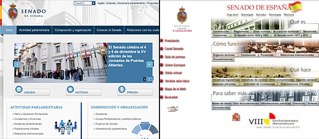 Nueva imagen de la web del Senado (i) comparada con la actual (d).